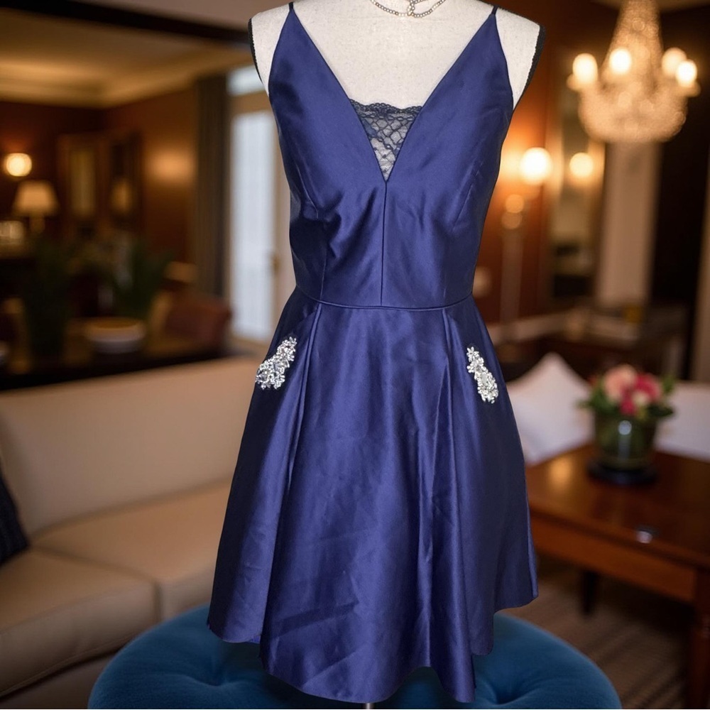 Elegant ROYAL Navy Blue,Lace,rhinestones,pockets,evening, party,cocktail dress💋